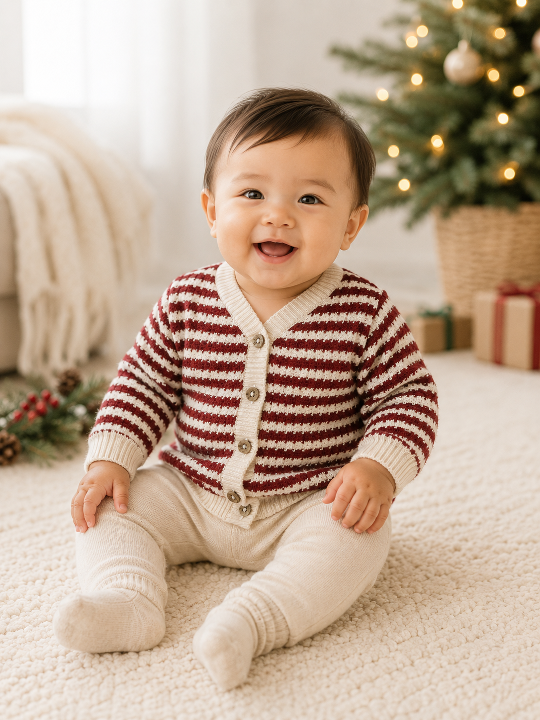 Baby Wearing V-Neck Stripe Knit Baby Cardigan, Organic Cotton by Viverano