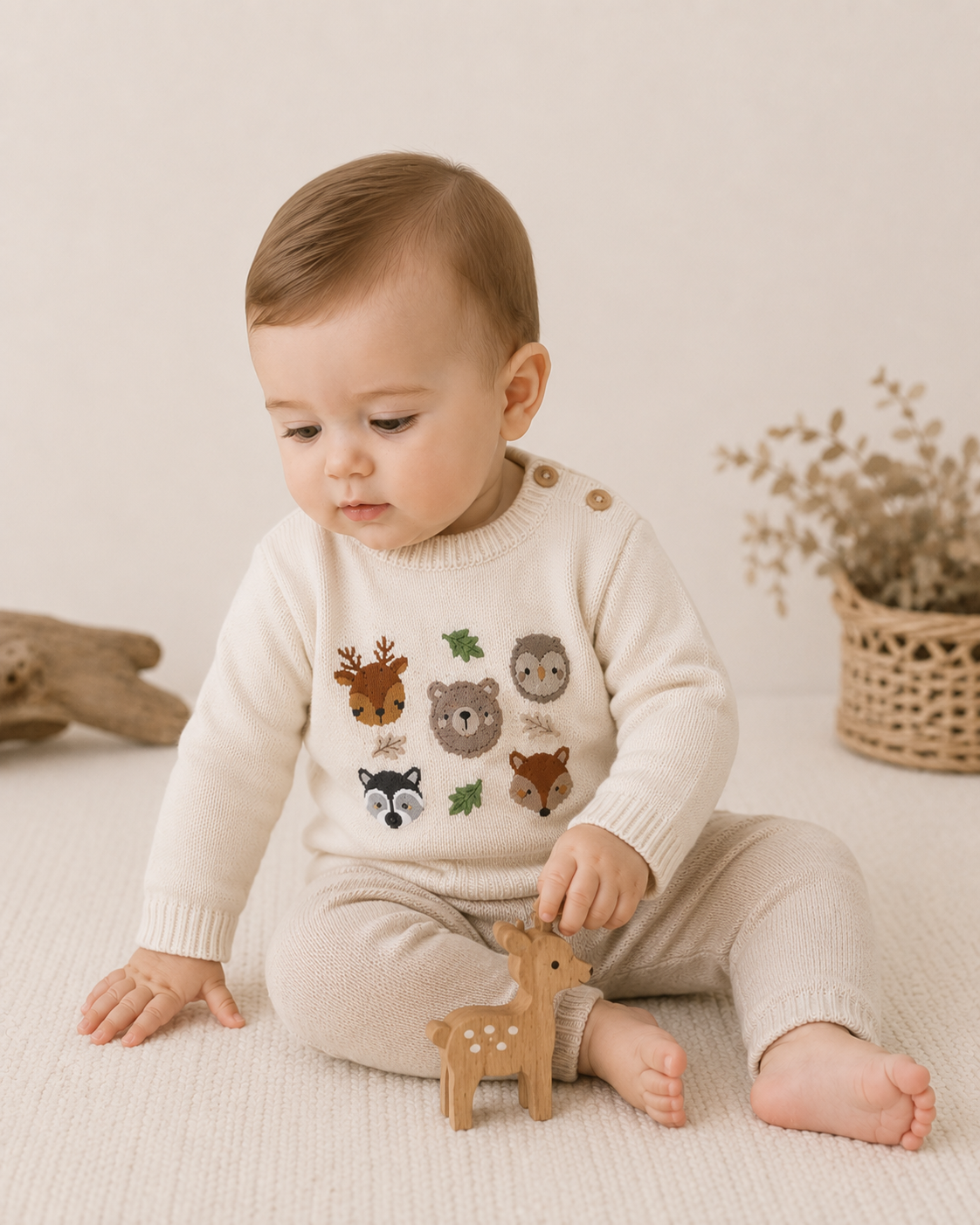 Baby Wearing Woodland Animals Knit Baby Pullover, Organic Cotton