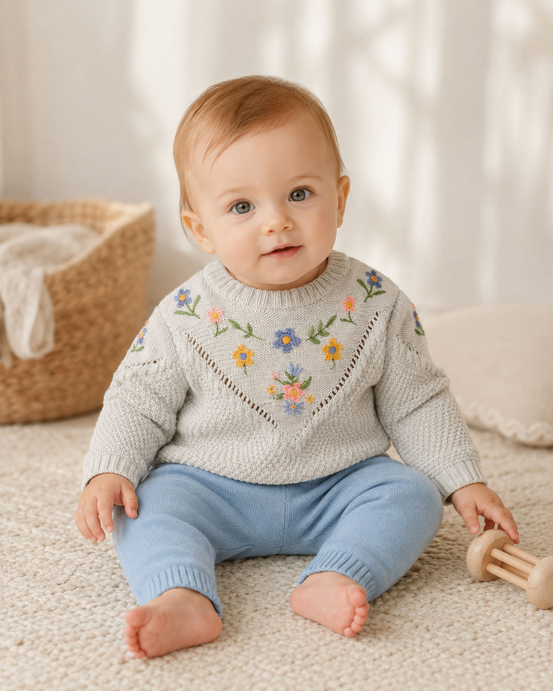 Baby Girl Wearing Ivy Floral Embroidered Baby Knit Pullover, Organic Cotton by Viverano