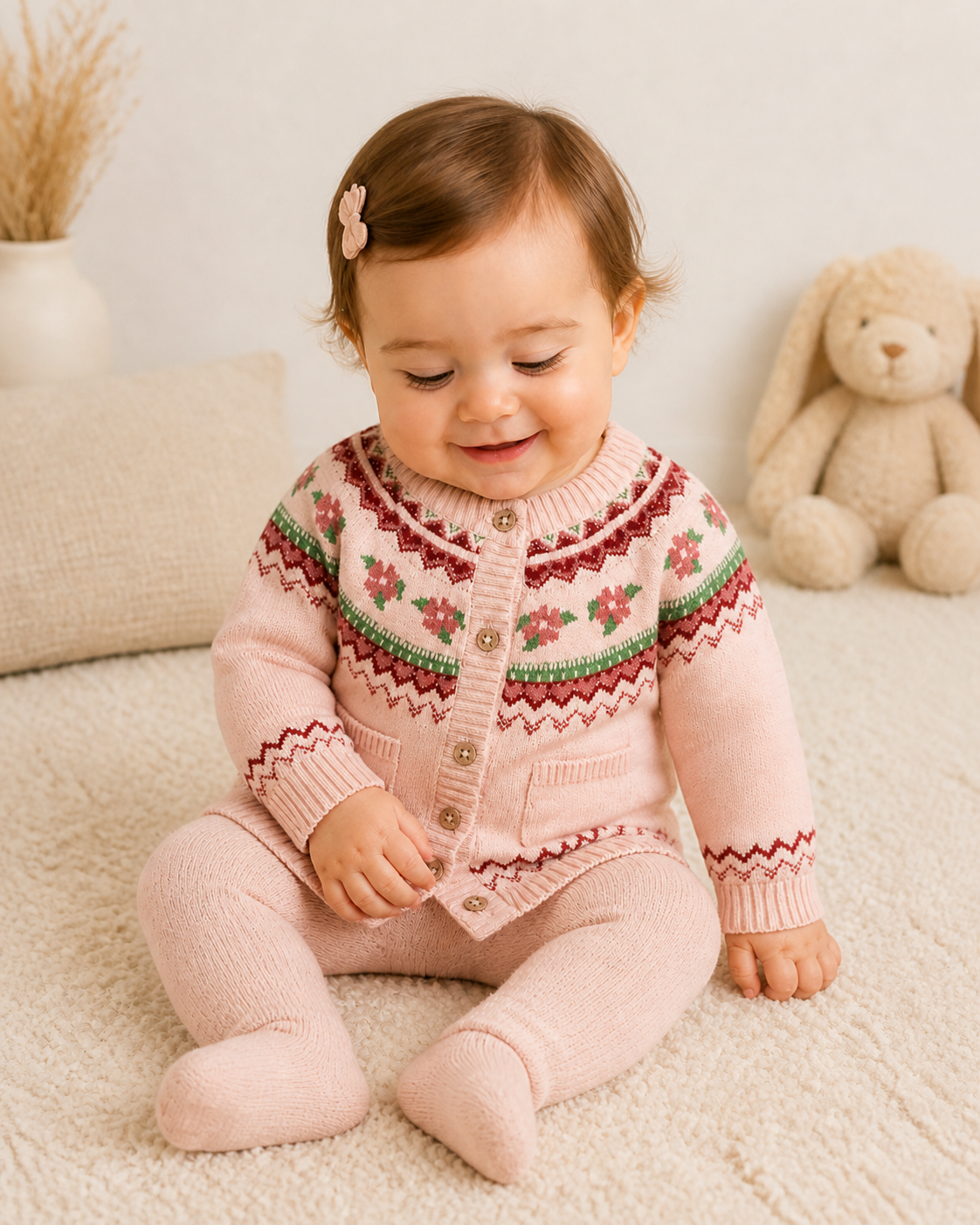 Baby Girl Wearing Lily Floral Fair Isle Knit Baby Cardigan, Organic Cotton by Viverano