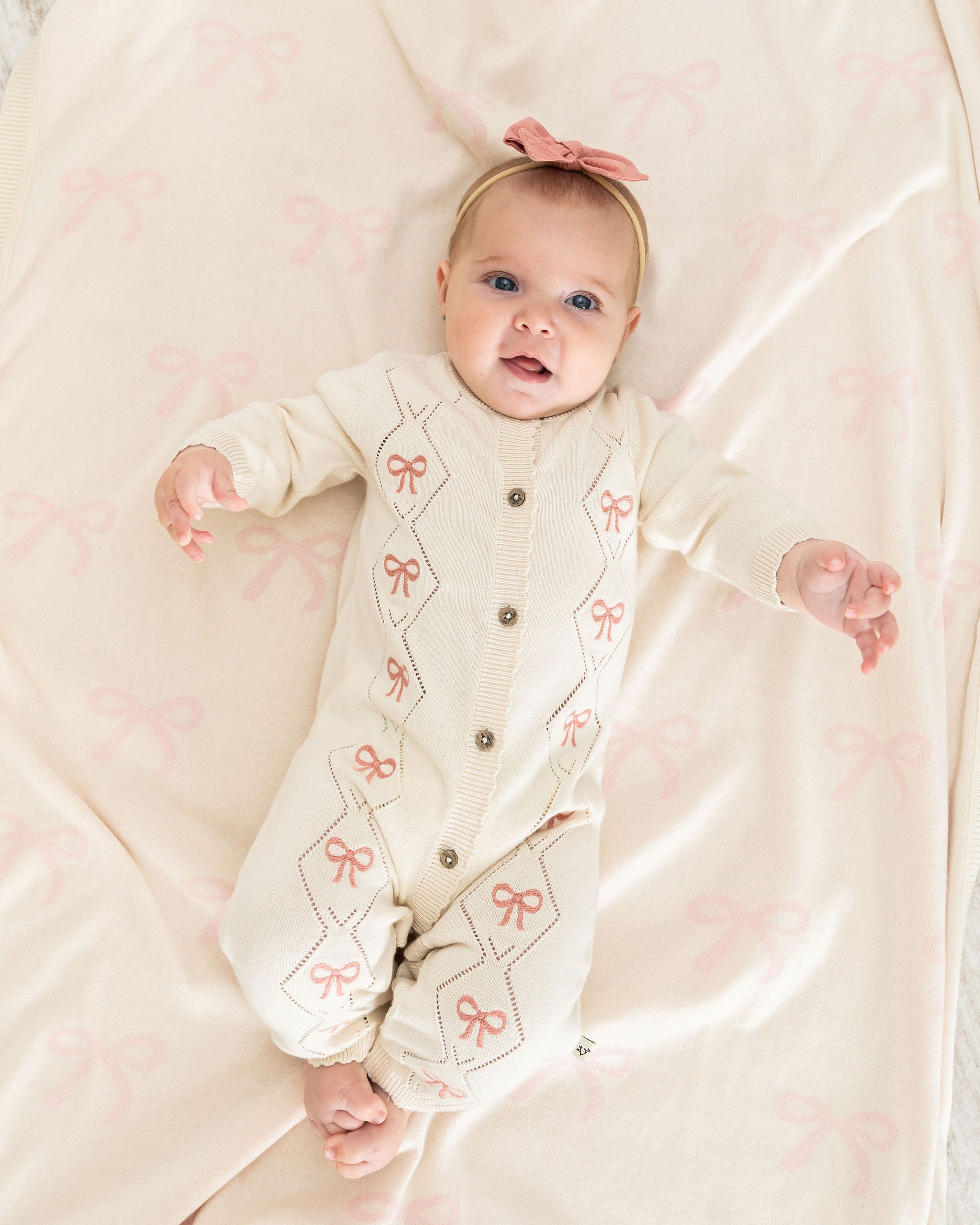 Viverano Evie Bow Organic Pointelle Knit Baby Girl Jumpsuit 