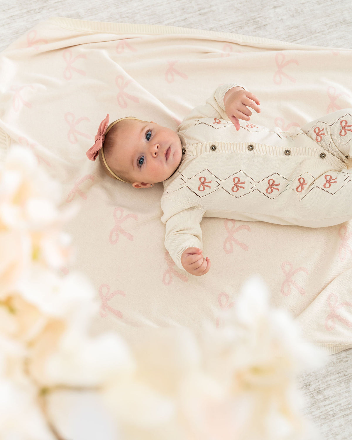 Viverano Evie Bow Organic Pointelle Knit Baby Girl Jumpsuit 