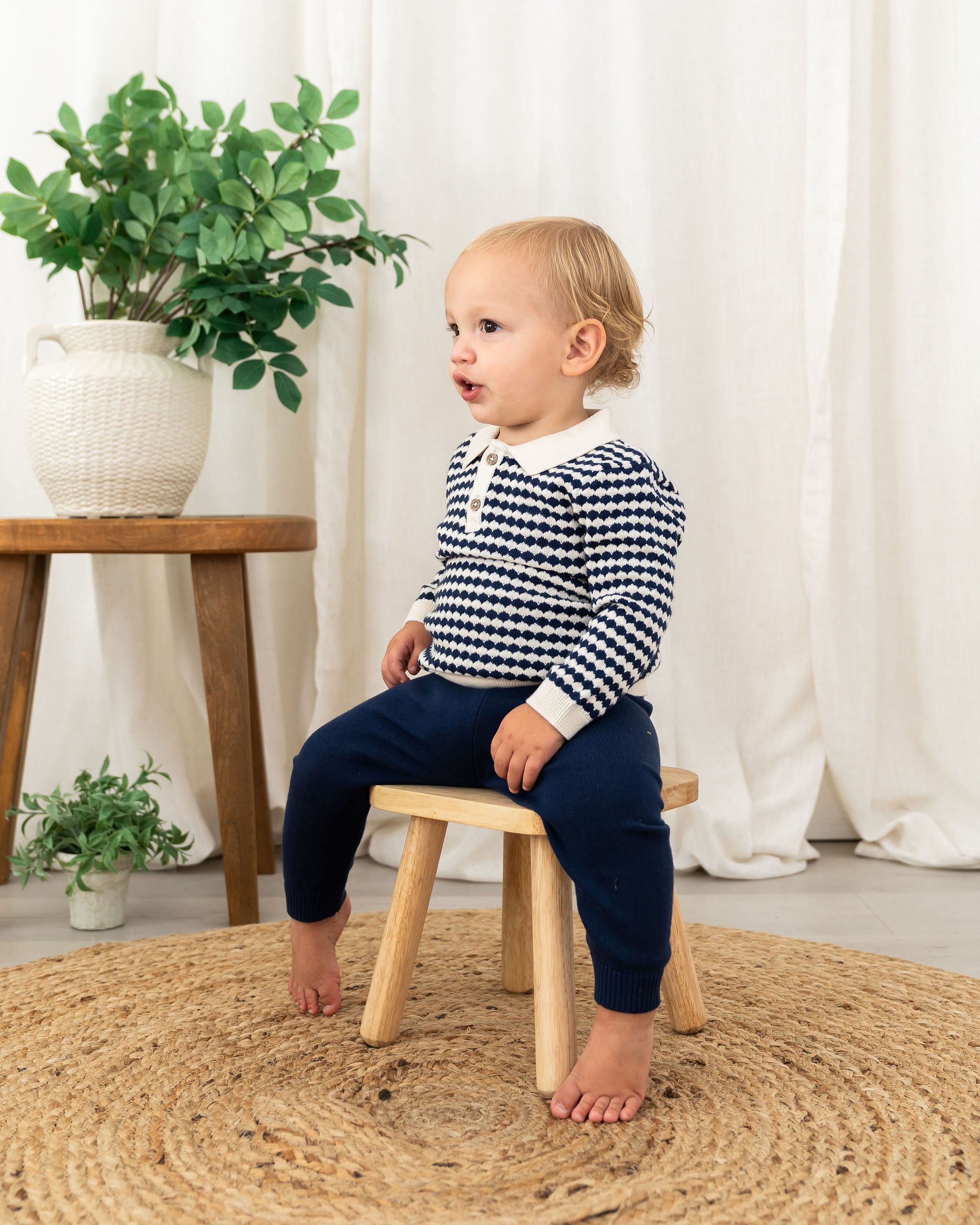Viverano Leo Textured Knit Polo Organic Baby Pullover & Pant Set 