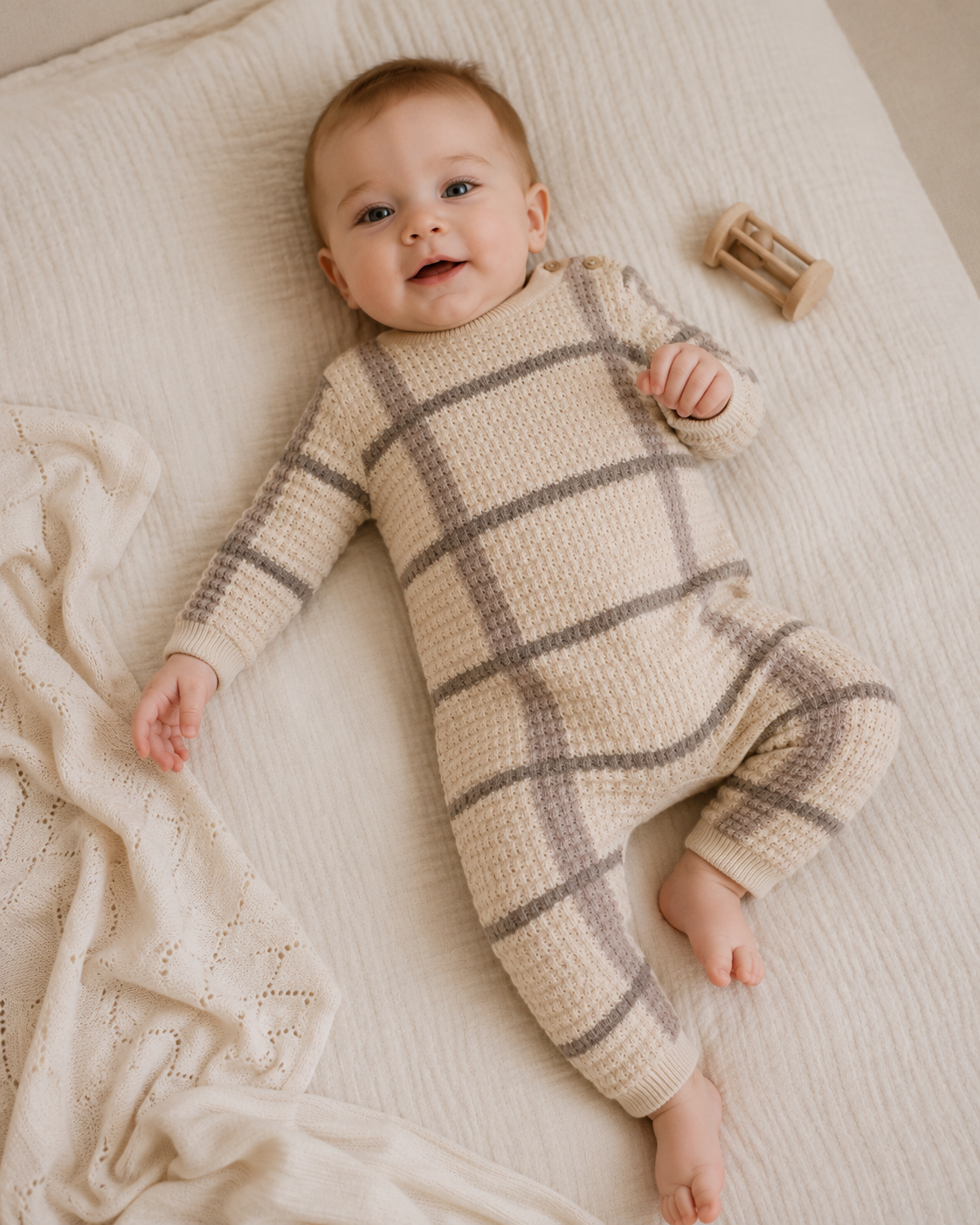 Baby Boy Wearing Ashton Textured Check Knit Baby Jumpsuit, Organic Cotton by Viverano