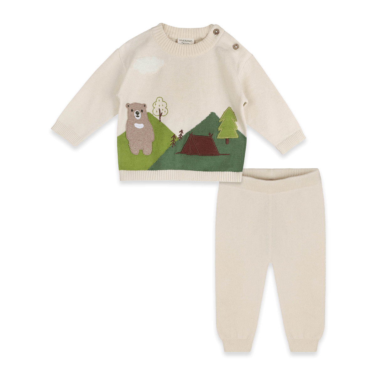 Camping Bear Jacquard Knit Baby Pullover and Pant Set, Organic Cotton
