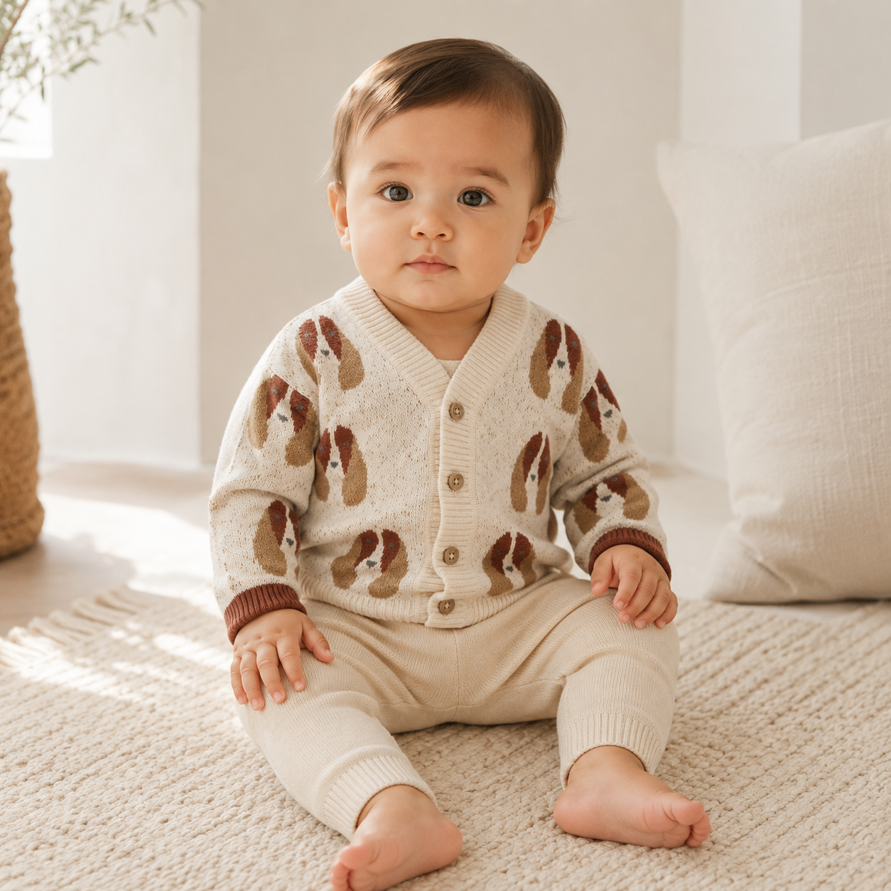 Baby Wearing Dog Jacquard Knit Baby Cardigan, Organic Cotton by Viverano