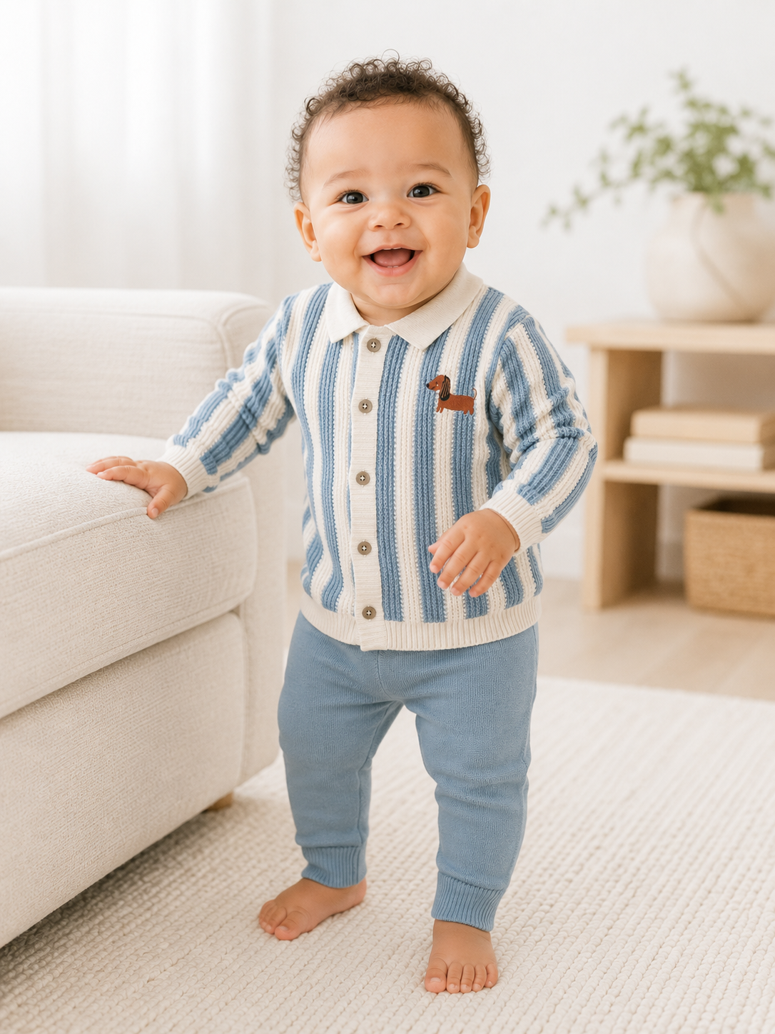 Baby Wearing Dog Stripe Baby Collar Cardigan and Pant Set, Organic Cotton by Viverano