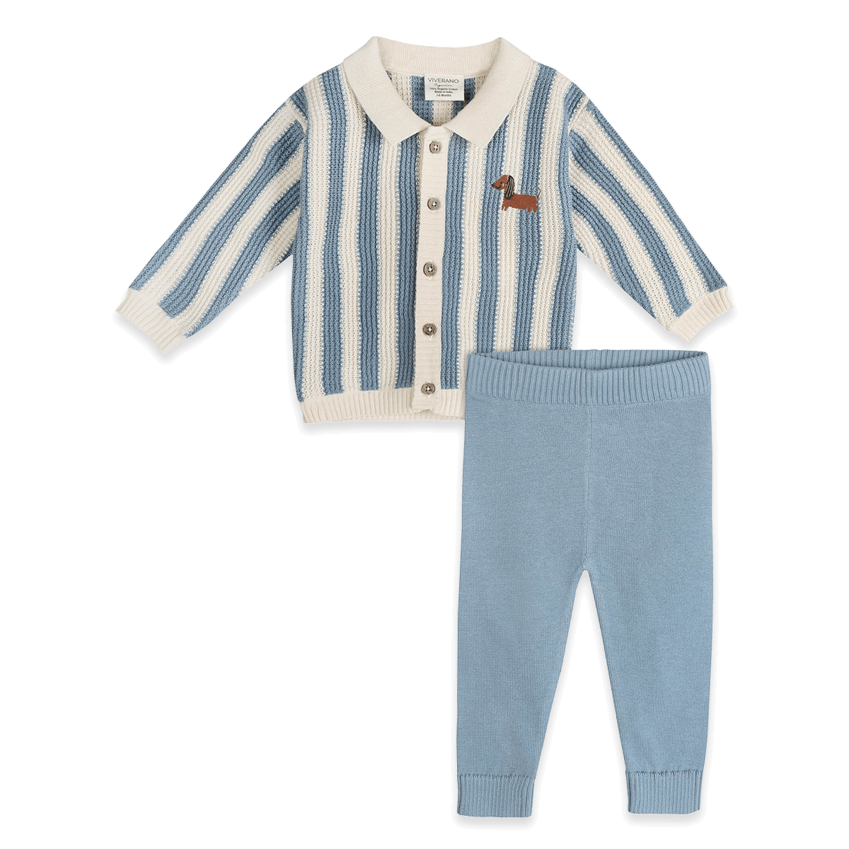 Dog Stripe Baby Collar Cardigan and Pant Set, Organic Cotton