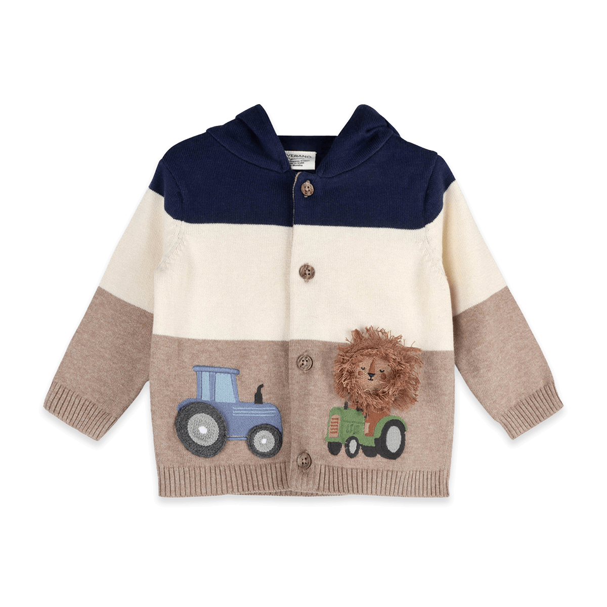Organic Cotton Lion Farm Truck Knit Baby Hooded Jacket, Front