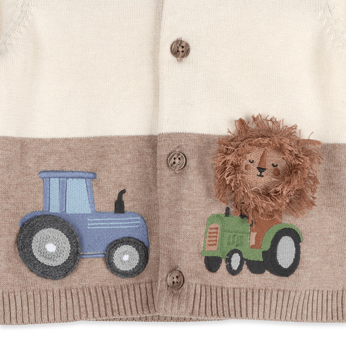 Organic Cotton Lion Farm Truck Knit Baby Hooded Jacket, Detail