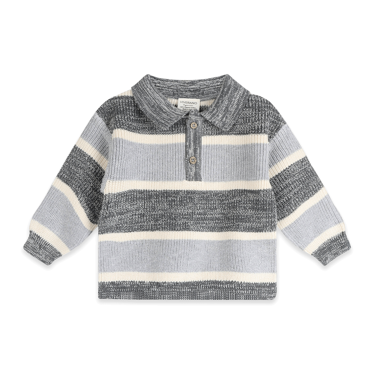 Organic Cotton Rugby Stripe Polo Knit Baby Pullover and Pants Set, Front