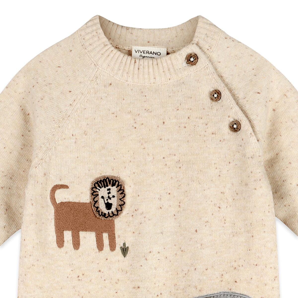Organic Cotton Safari Animals Baby Knit Jumpsuit, Lion Detail