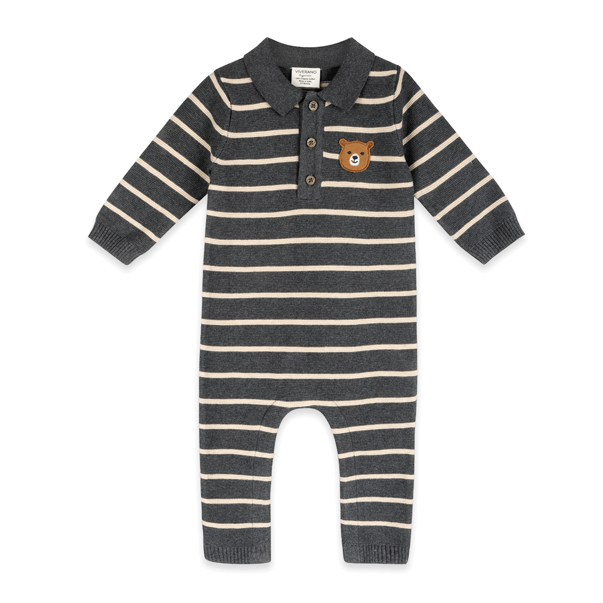 Bear Face Stripe and Collar Knit Baby Jumpsuit, Organic Cotton