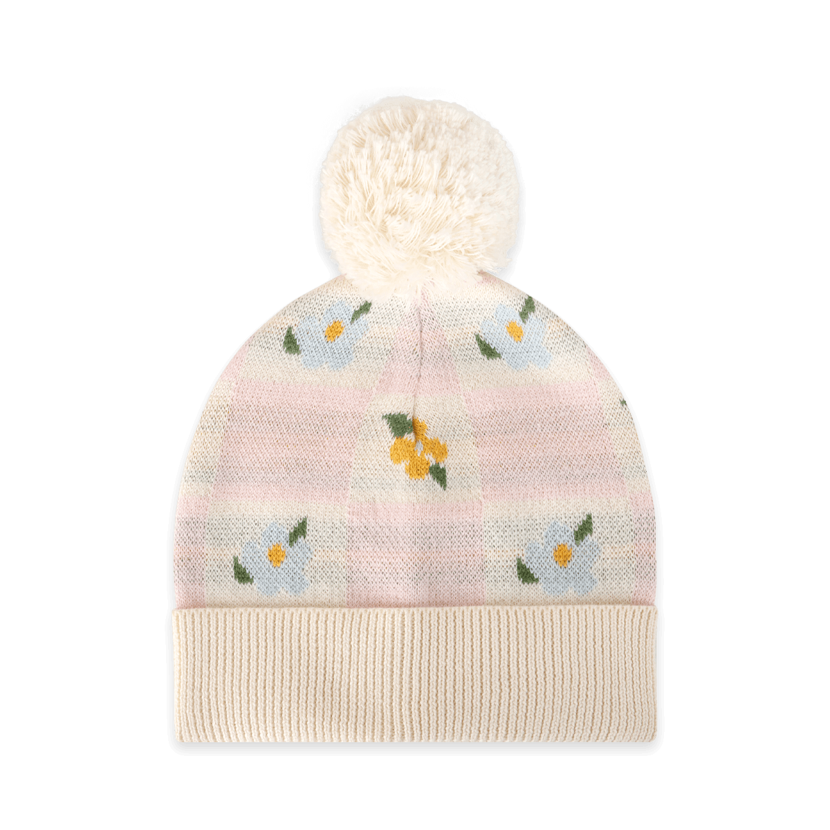 Mia Floral Knit Baby Beanie Hat with Pom-Pom, Organic Cotton