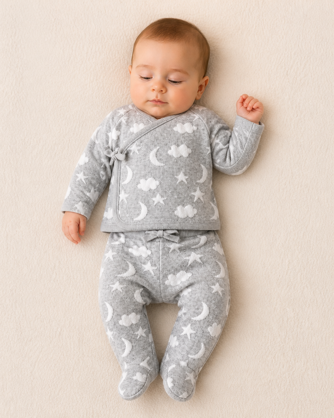 Baby Wearing Grey Moon and Stars Dream Knit Kimono Baby Top and Pant Set, Organic Cotton by Viverano