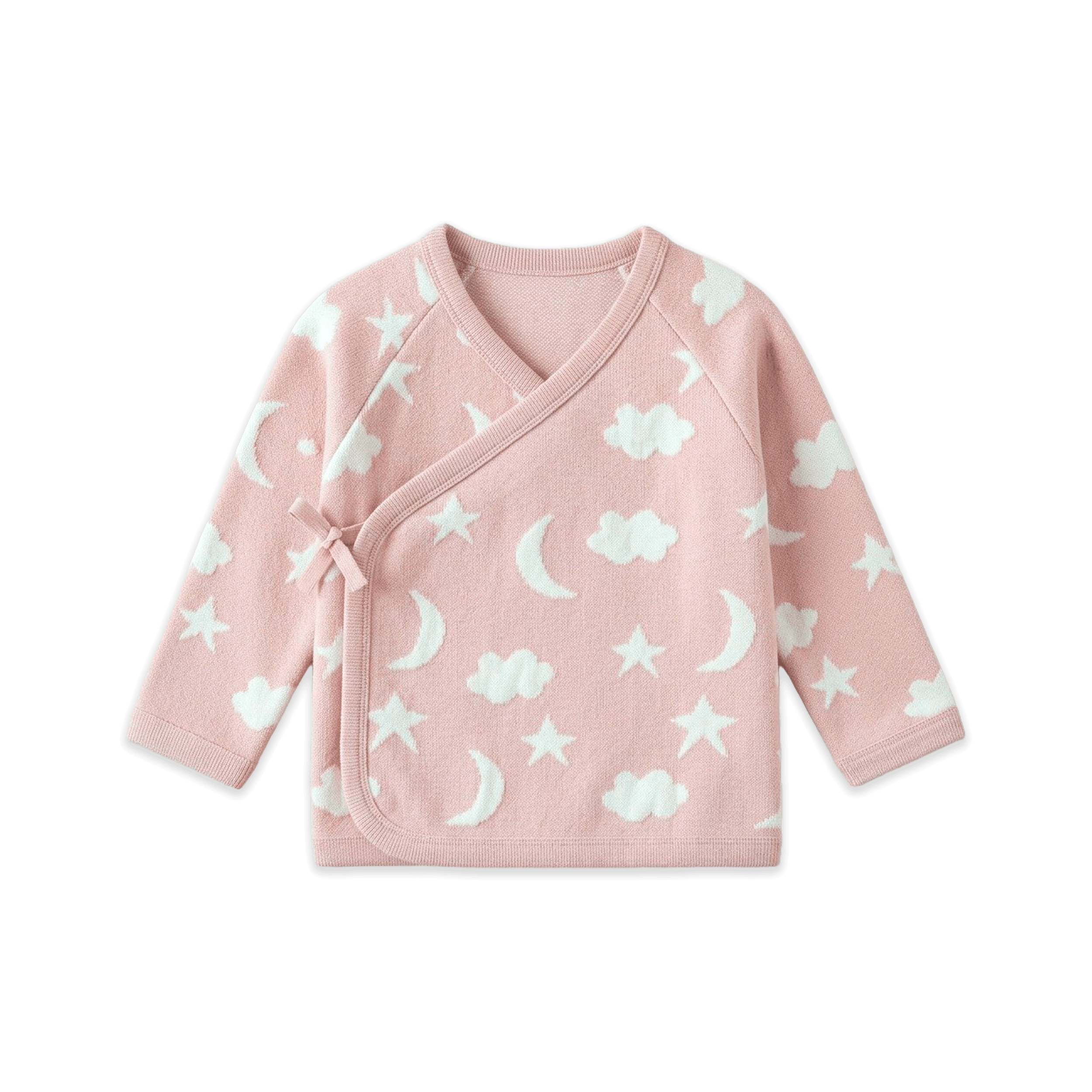 Baby Pink Organic Cotton Moon and Stars Dream Knit Kimono Baby Top and Pant Set, Long Sleeve Shirt