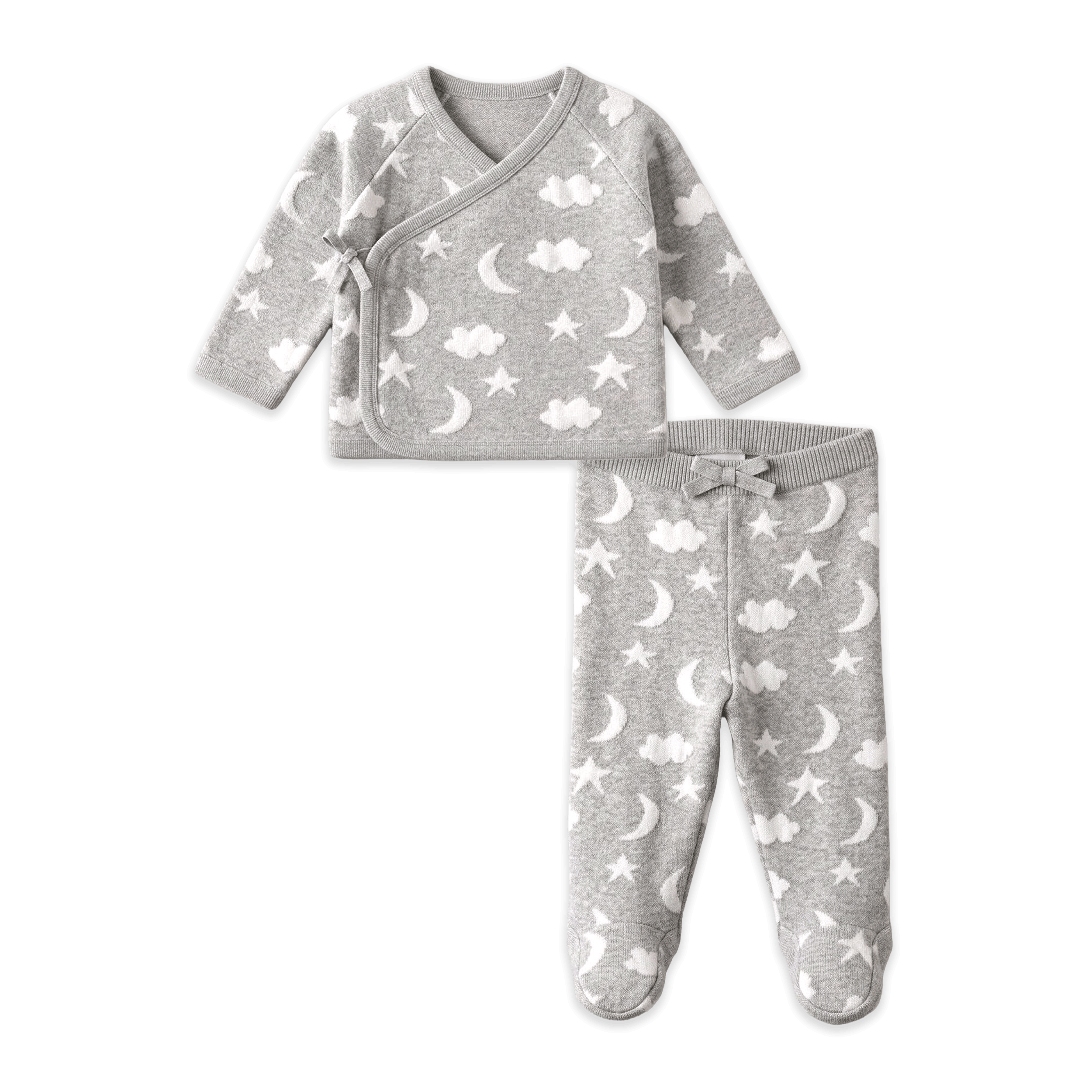 Heather Grey Moon and Stars Dream Knit Kimono Baby Top and Pant Set, Organic Cotton