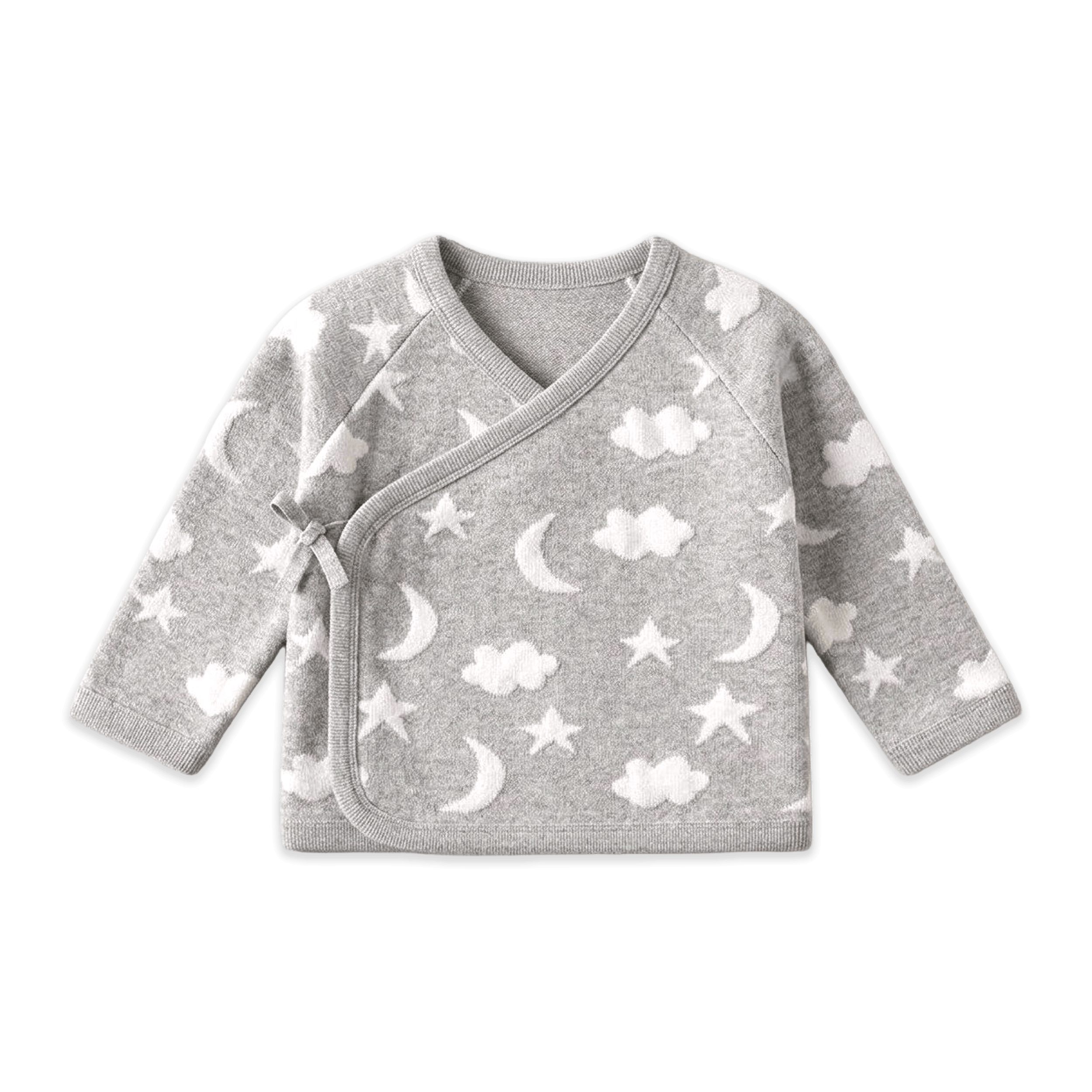 Heather Grey Organic Cotton Moon and Stars Dream Knit Kimono Baby Top and Pant Set, Long Sleeve Shirt