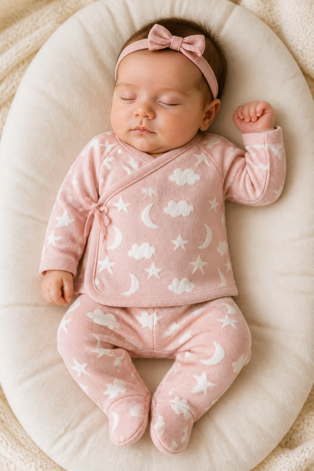 Baby Wearing Pink Moon and Stars Dream Knit Kimono Baby Top and Pant Set, Organic Cotton by Viverano