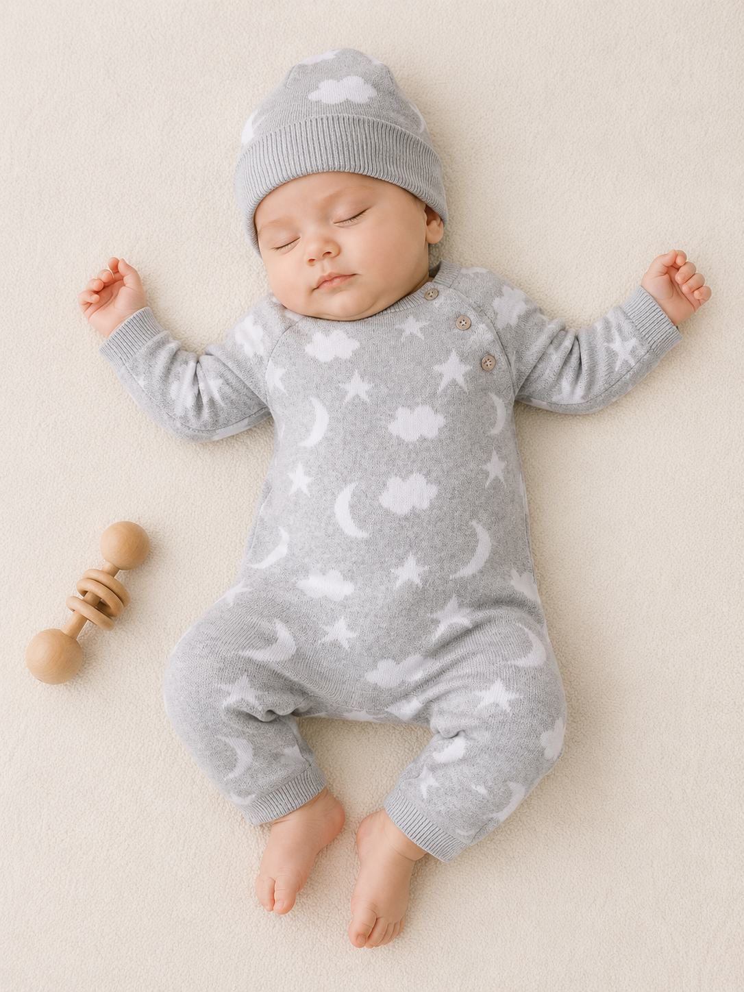 Baby Wearing Moon and Stars Dream Knit Baby Coverall, Organic Cotton by Viverano