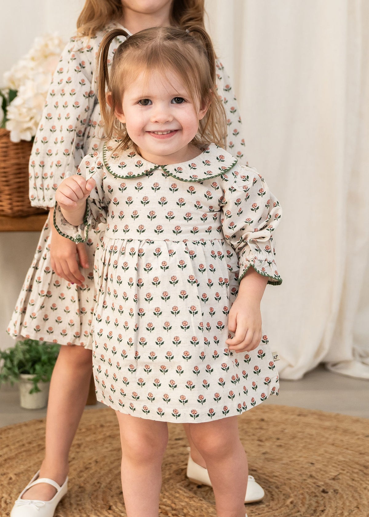 Rosamund Block Print Floral Baby Dress & Bloomer Set (Organic Cotton) - Front