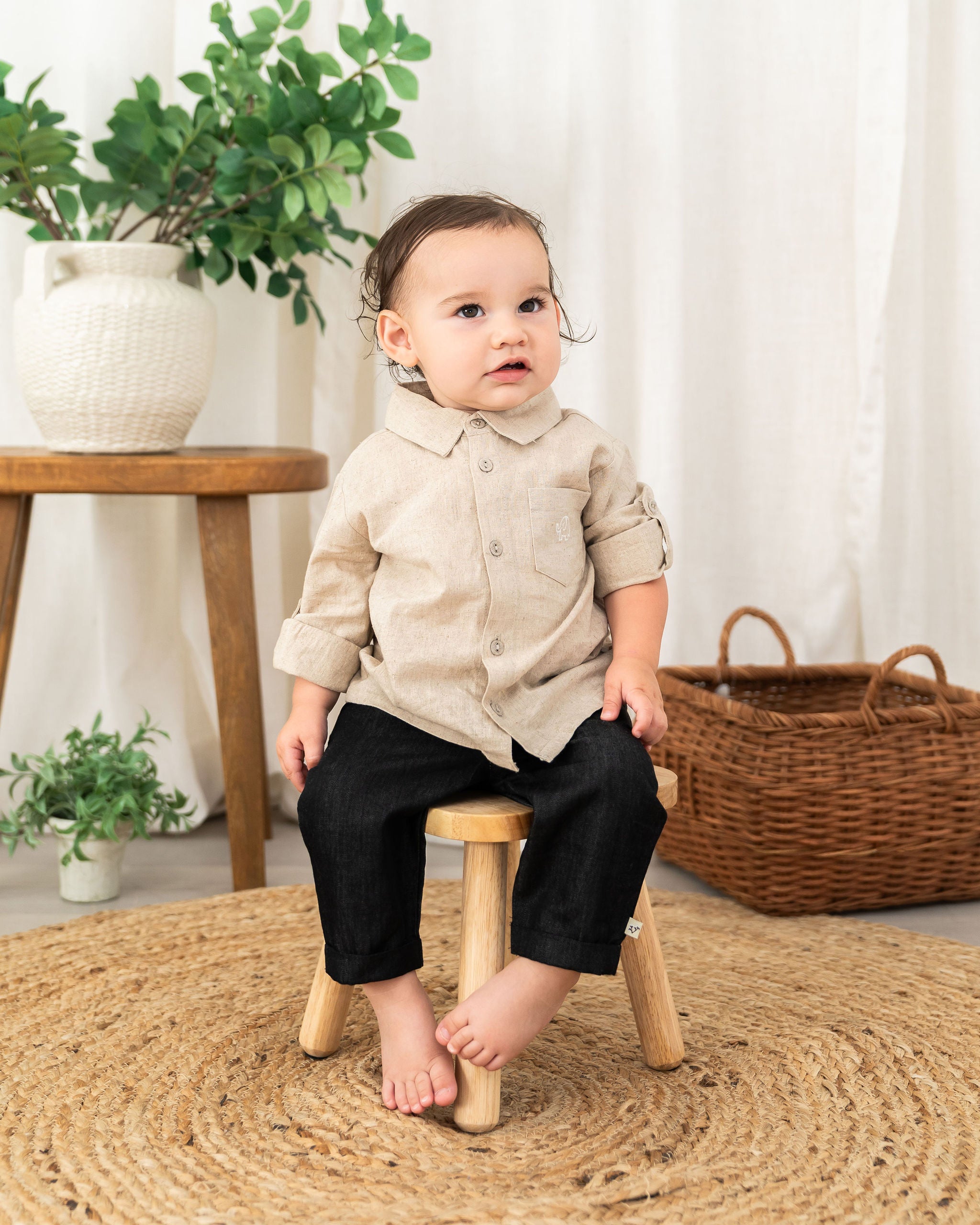 Viverano Oscar Linen Baby Shirt & Denim Pant Set (Organic) - Front 