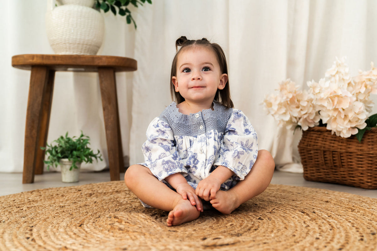 Viverano Claudia Floral Baby Dress & Bloomer Set (Organic Muslin) - Sitting View