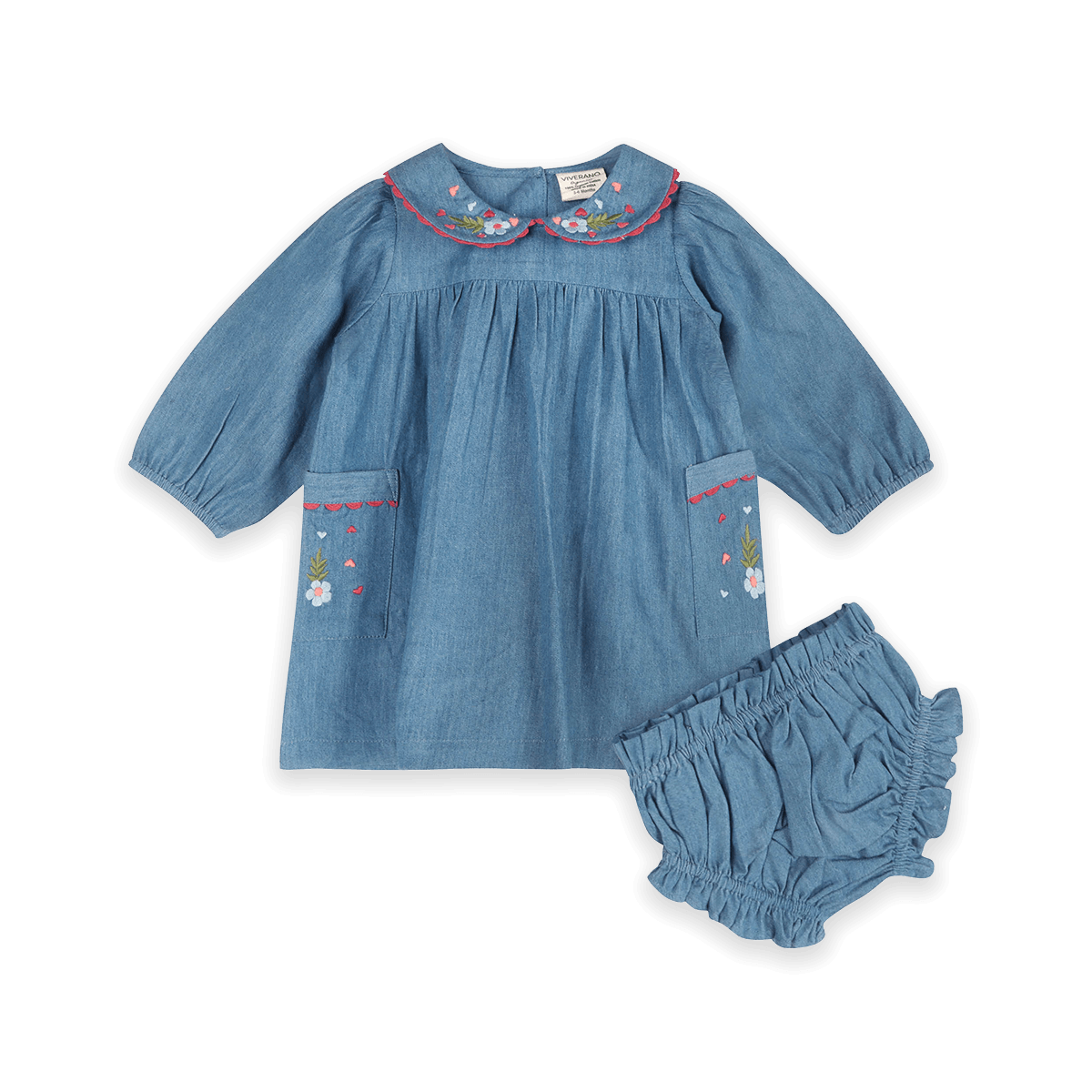 Ida Floral Embroidered Denim Baby Dress & Bloomer Set (Organic Cotton) - Outfit