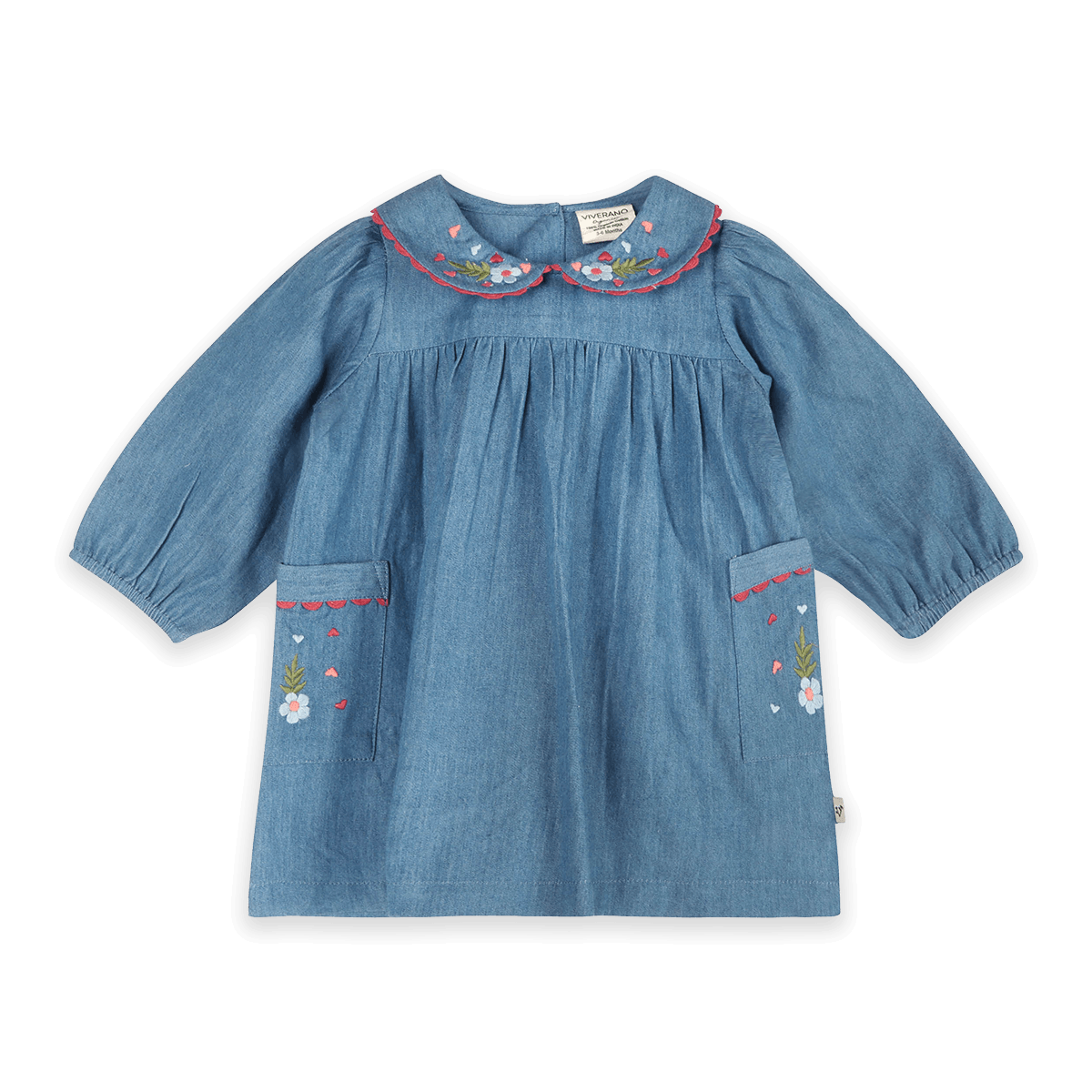 Ida Floral Embroidered Denim Baby Dress & Bloomer Set (Organic Cotton) - Front