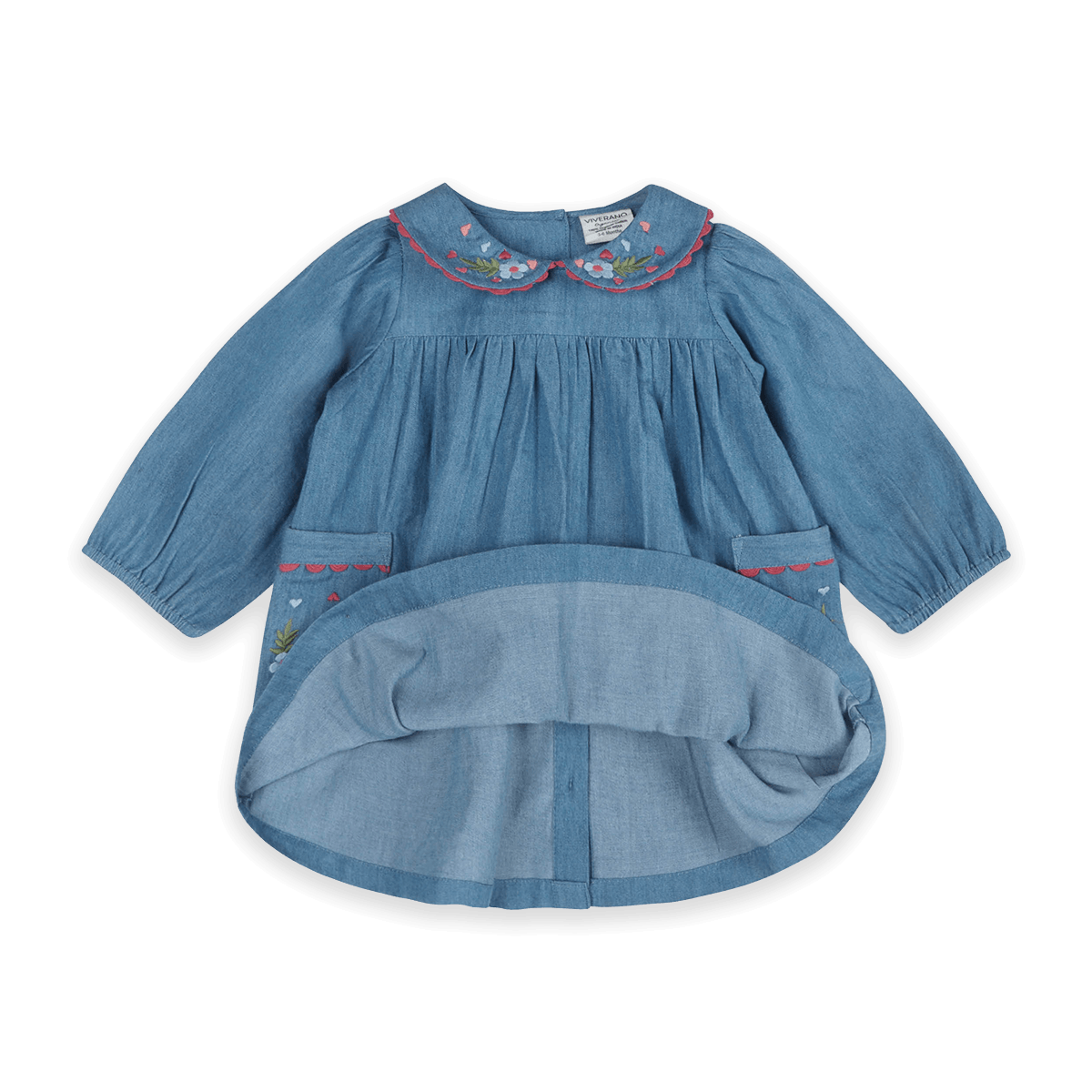Ida Floral Embroidered Denim Baby Dress & Bloomer Set (Organic Cotton) - Texture