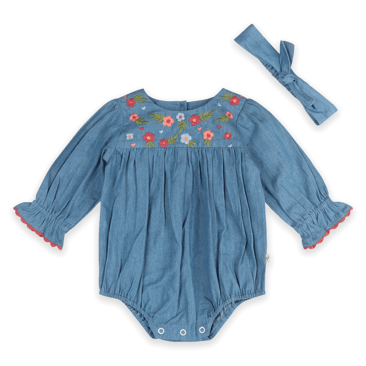 Ida Floral Embroidered Denim Baby Romper & Headband Set (Organic Cotton) - Outfit