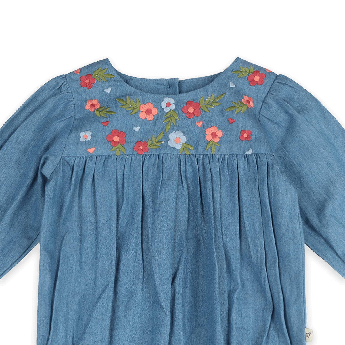 Ida Floral Embroidered Denim Baby Romper & Headband Set (Organic Cotton) - Detail