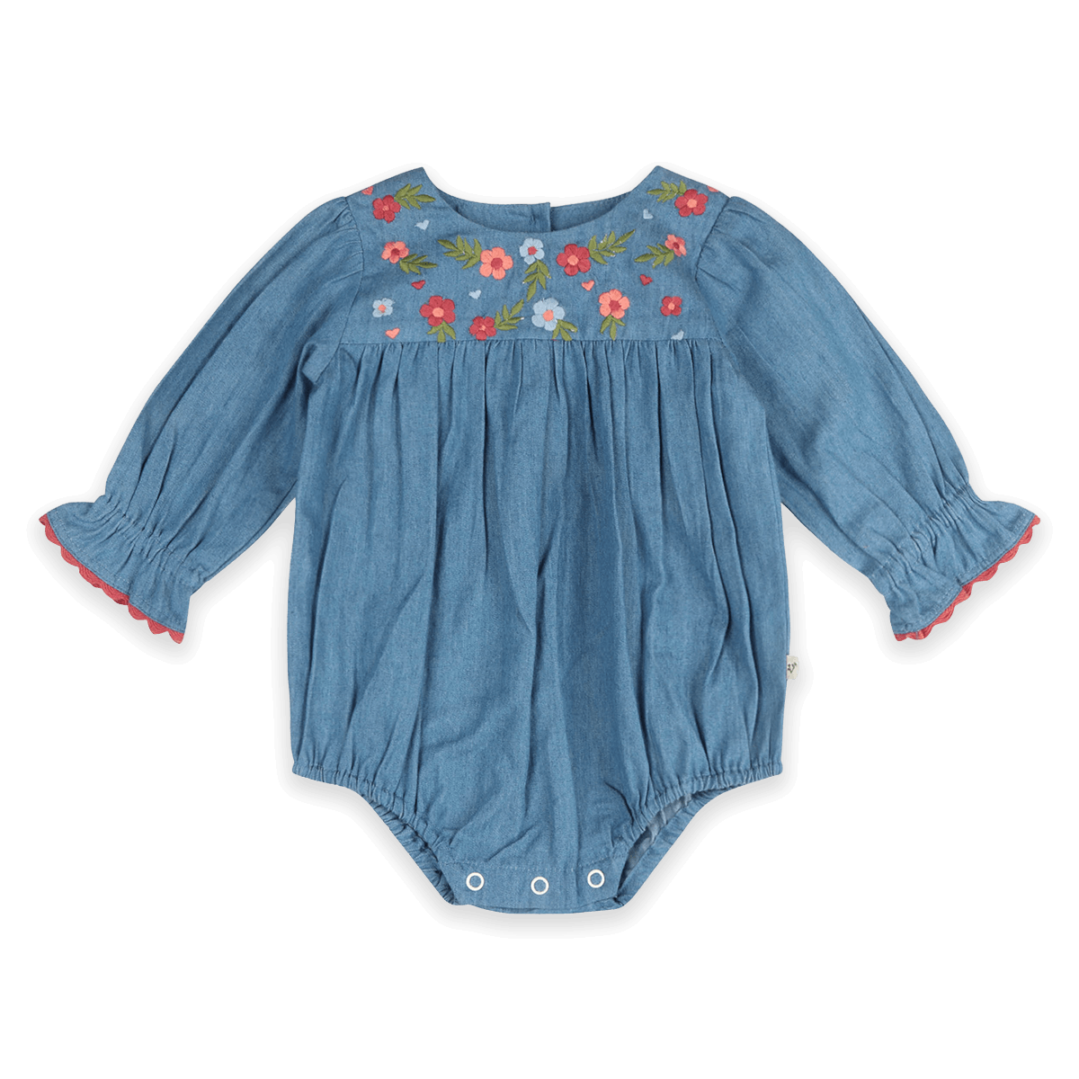 Ida Floral Embroidered Denim Baby Romper & Headband Set (Organic Cotton) - Front