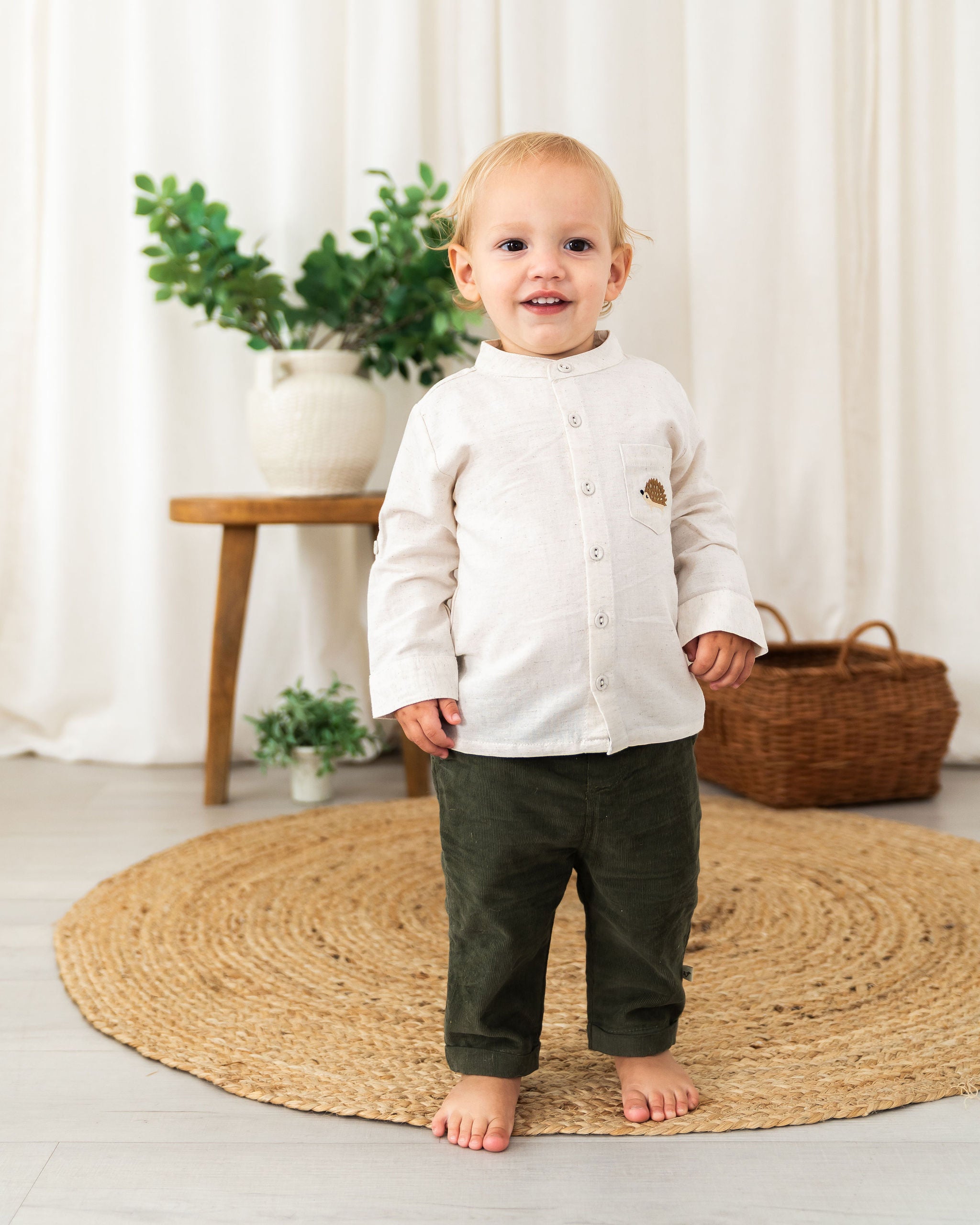 Viverano Felix Hedgehog Embroidered Pocket Baby Shirt & Corduroy Pant Set (Organic Cotton) - Front
