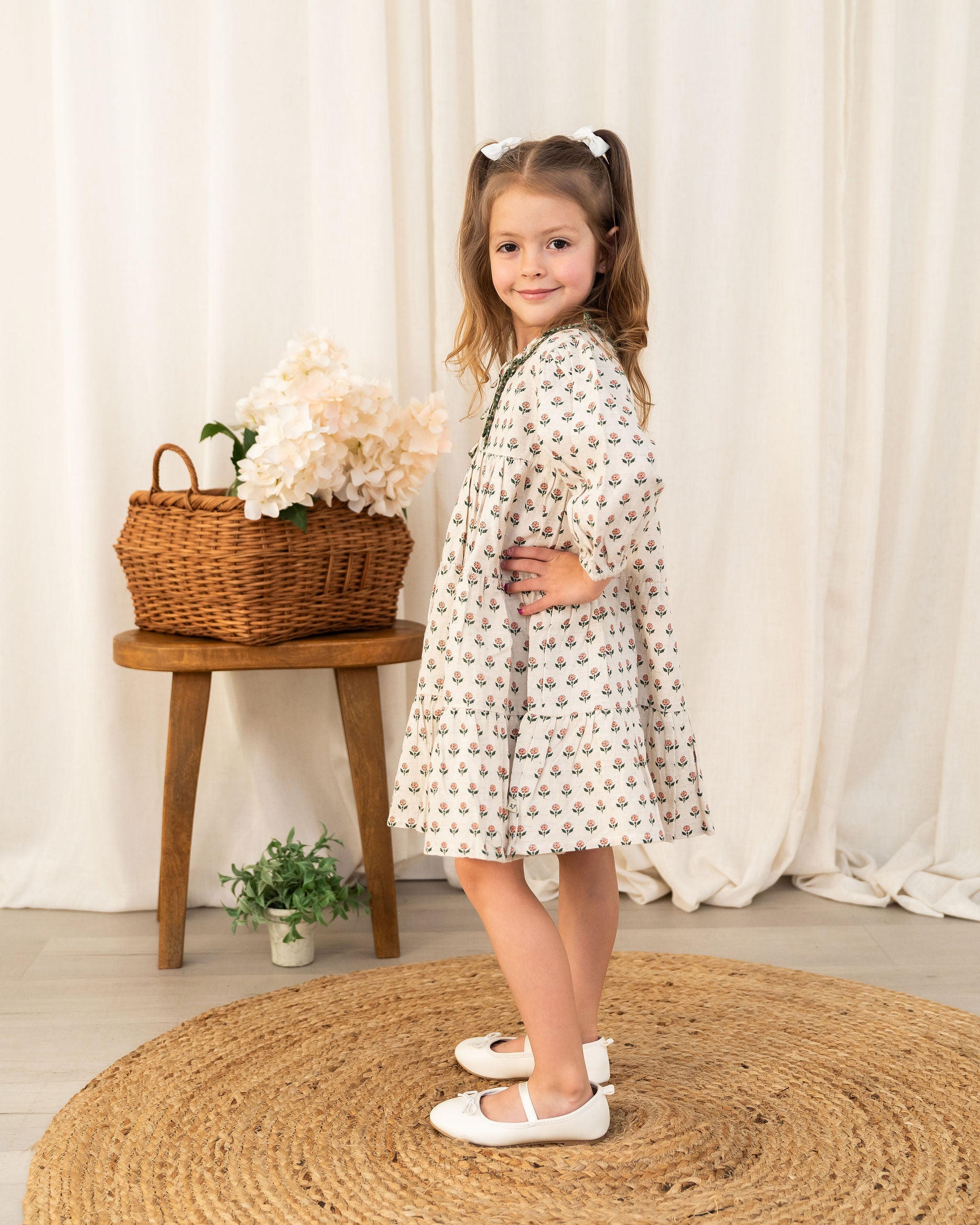 Viverano Bella Block Printed Floral Girl Dress (Organic Cotton) - Side View