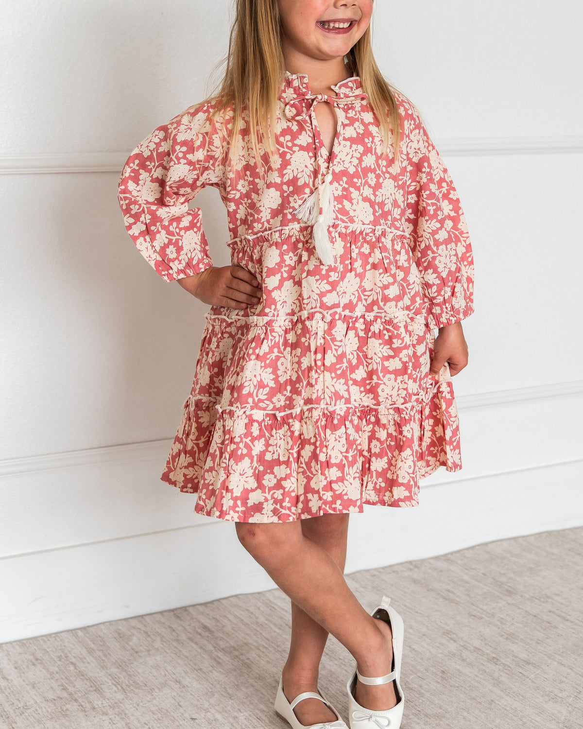 Viverano Jasmine Layered Girl Dress - Pink Floral (Organic Cotton) - Detail View