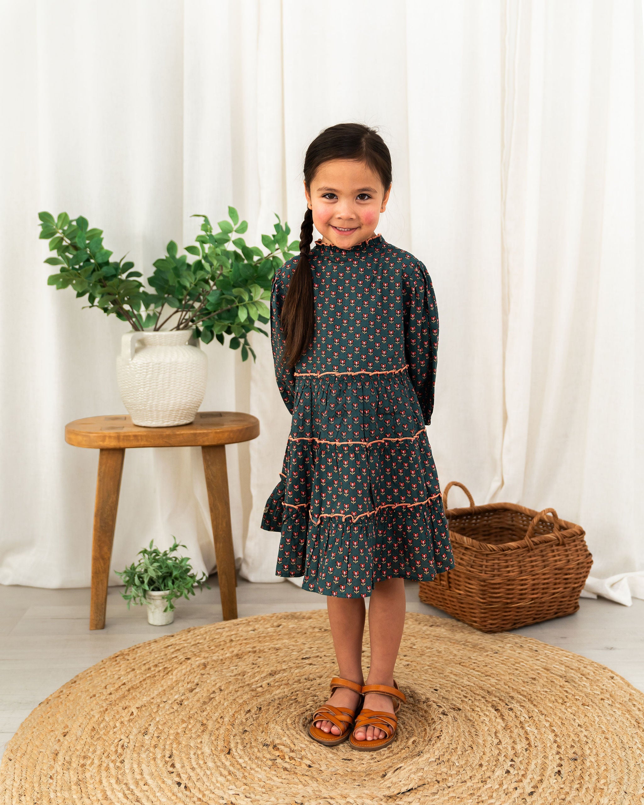 Viverano Jasmine Layered Girl Dress - Forest Green (Organic Cotton) - Front View