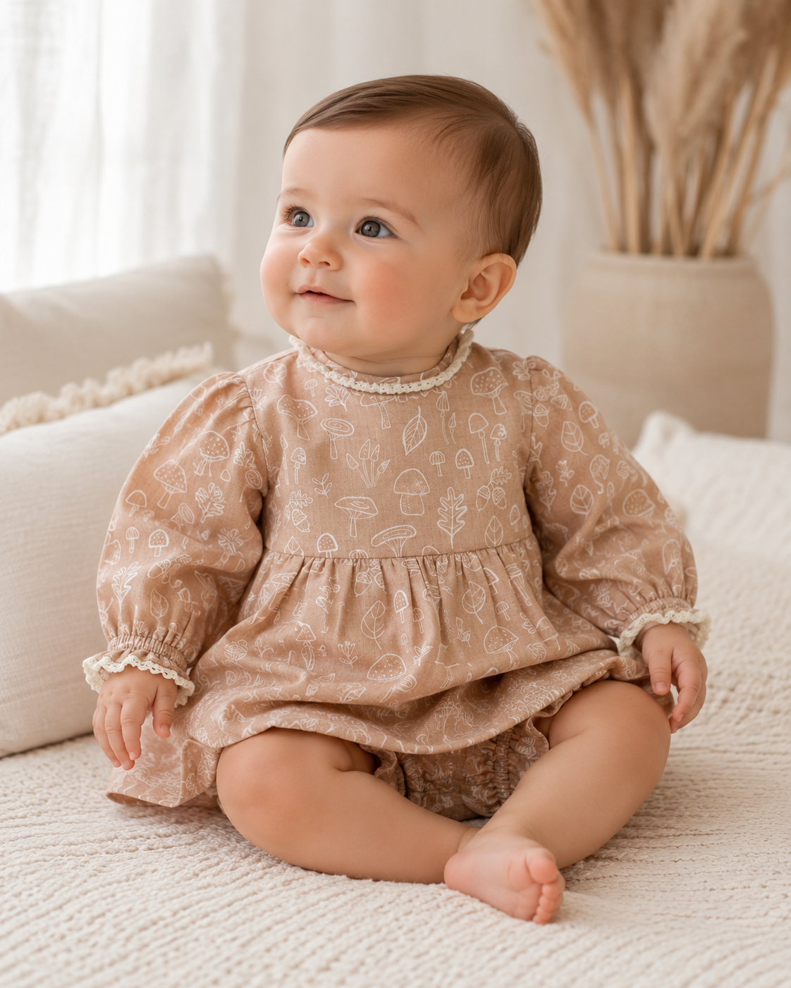 Baby Wearing Organic Muslin Mushroom Baby Dress and Bloomer by Viverano
