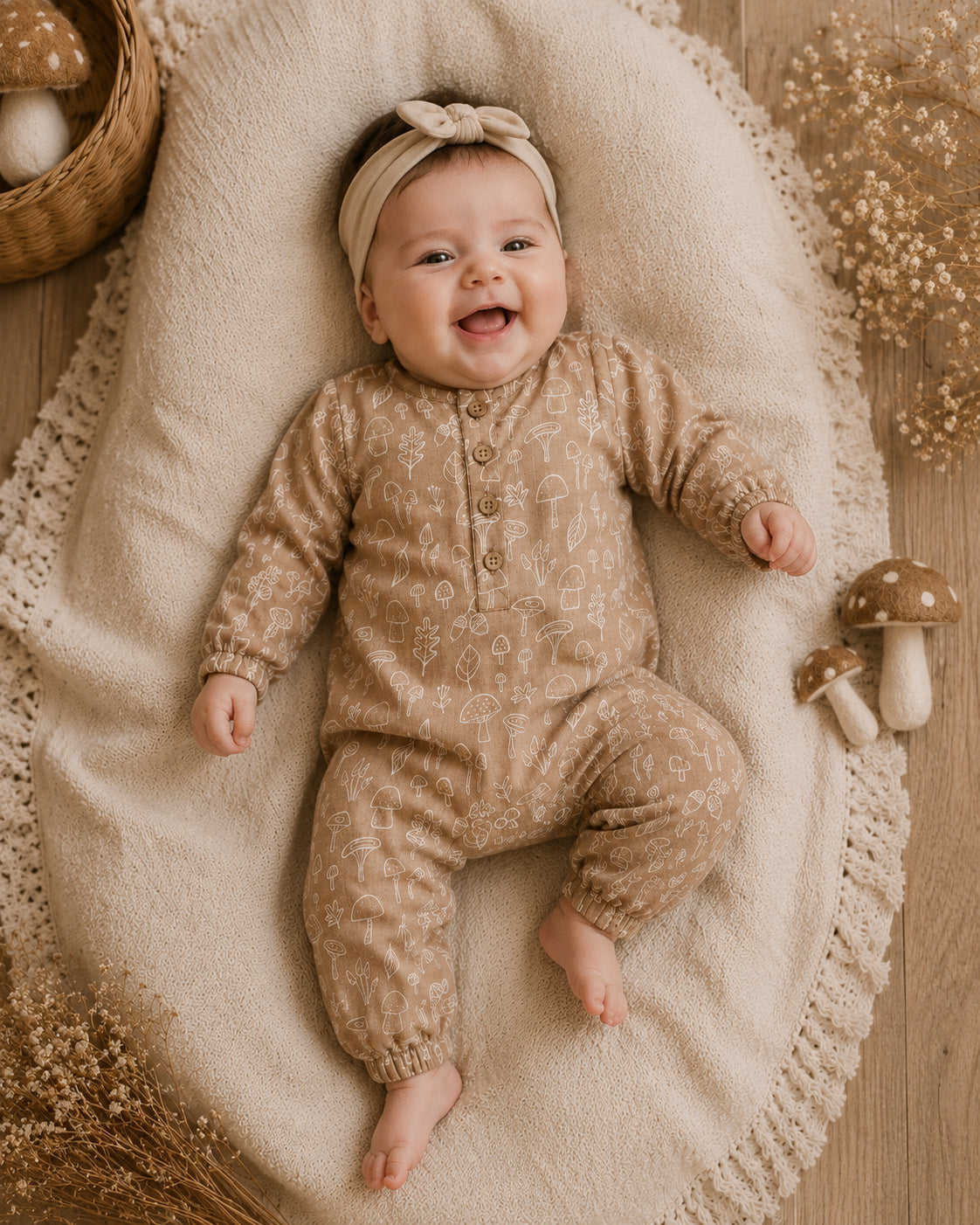 Baby Wearing Mushroom Button Front Baby Jumpsuit, Organic Muslin by Viverano