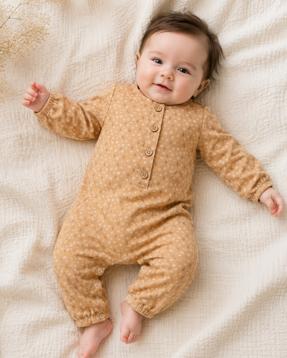 Baby Wearing Organic Muslin Floral Button Front Baby Jumpsuit by Viverano