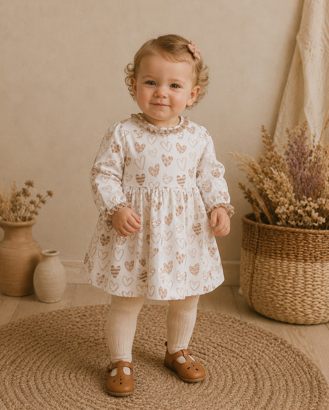 Baby Girl Wearing Wild Hearts Baby Dress and Bloomer, Organic Muslin by Viverano