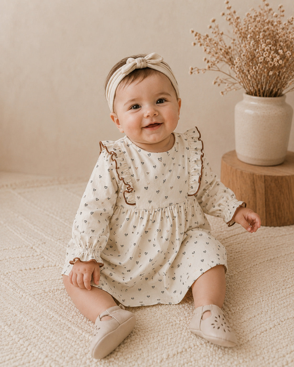 Baby Girl Wearing Ditsy Hearts Baby Dress and Bloomer, Organic Jersey by Viverano
