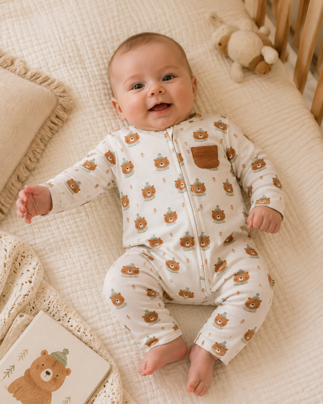 Baby Wearing Bears Classic Baby Zip Jumpsuit, Organic Jersey by Viverano