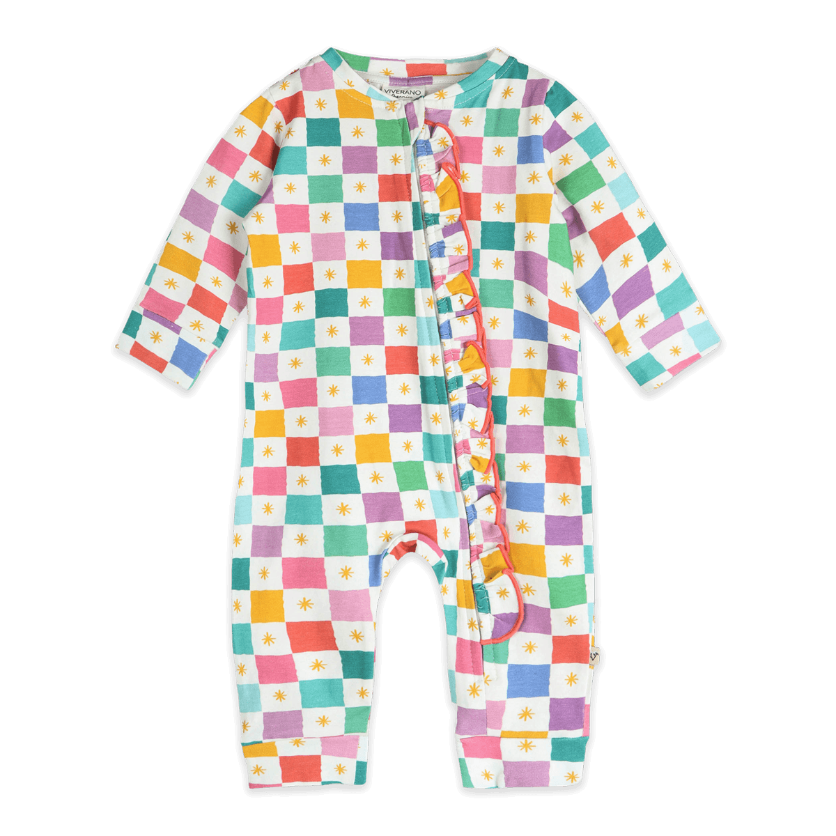 Colorful Checks Ruffle Baby Zip Jumpsuit (Organic Jersey) - Front