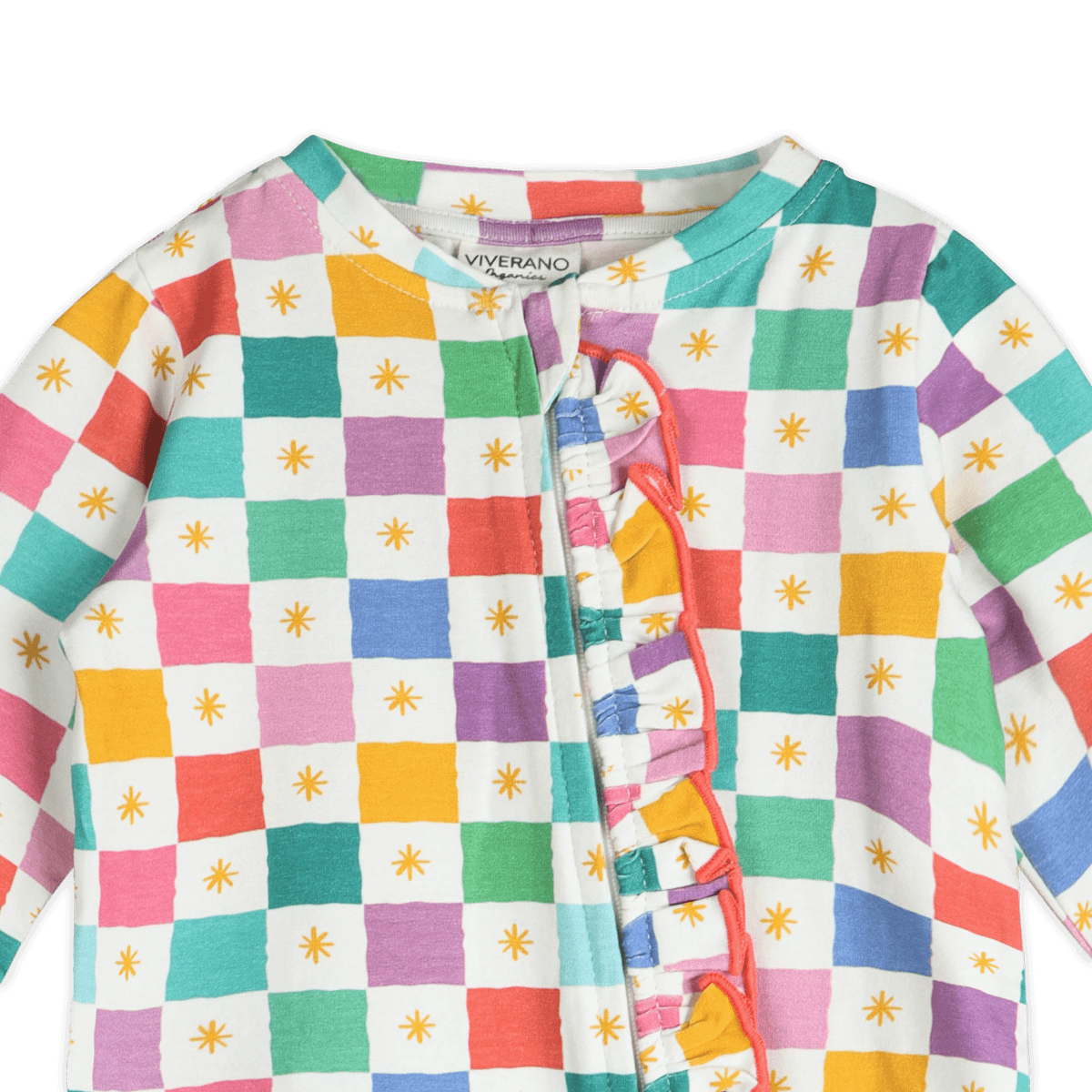 Colorful Checks Ruffle Baby Zip Jumpsuit (Organic Jersey) - Detail