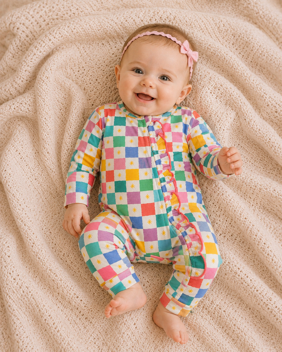 Baby Girl Wearing Colorful Checks Ruffle Baby Zip Jumpsuit, Organic Jersey by Viverano