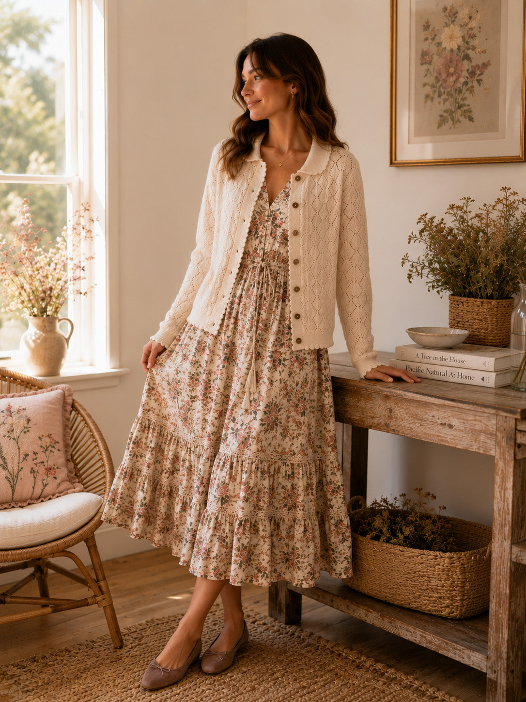 Woman in Dress Wearing Phoebe Pointelle Knit Women's Cardigan, Organic Cotton