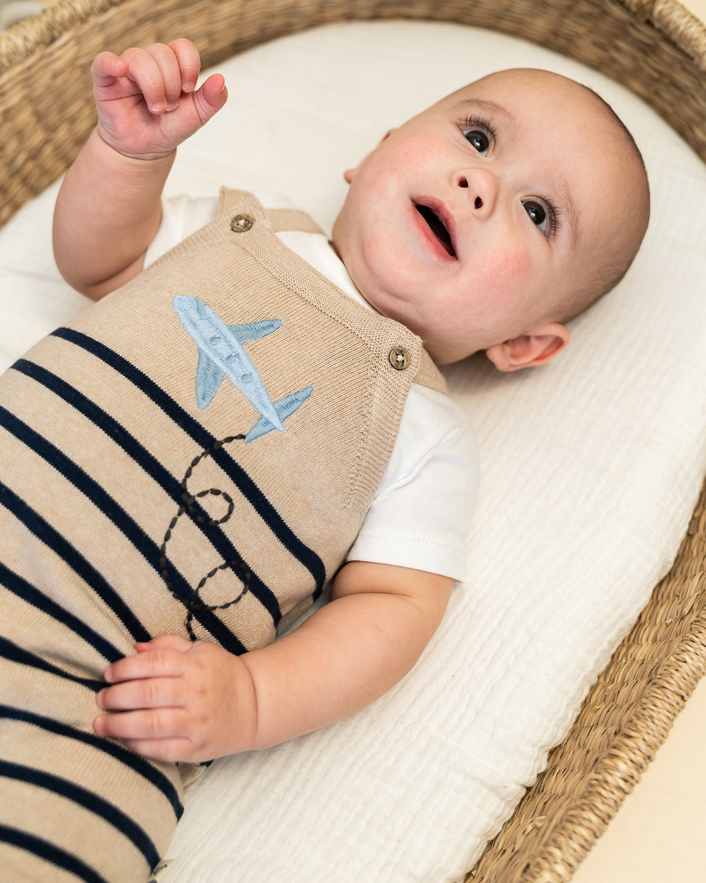 Airplane Stripe Embroidered Baby Knit Romper Set (Organic Cotton) - Model