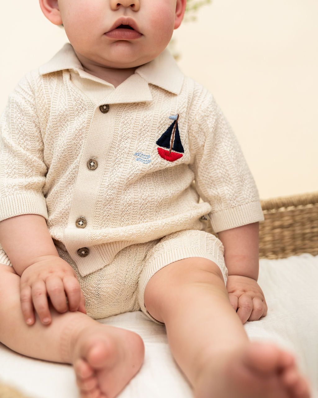 Sailboat Embroidered Baby Shirt & Shorts Set (Organic Cotton) - Model