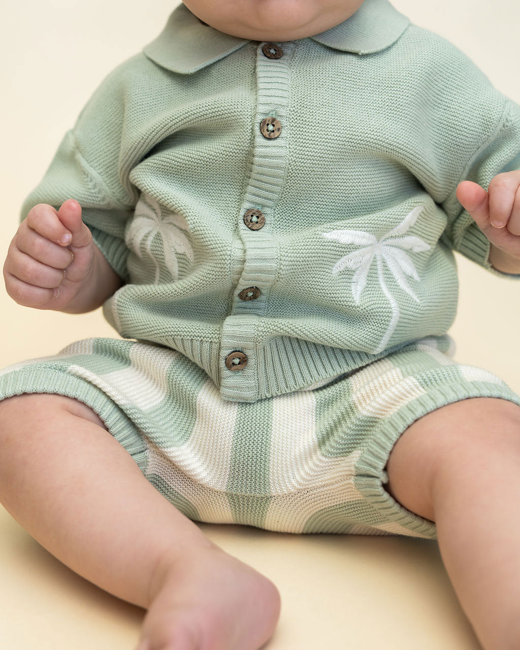 Palm Trees Embroidered Baby Sweater Shirt & Shorts Set (Organic Cotton) Model Detail